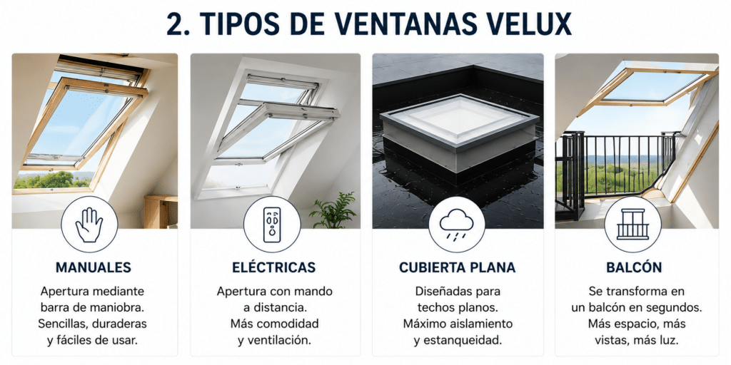 Tipos de ventanas VELUX: manuales, eléctricas, cubierta plana y balcón